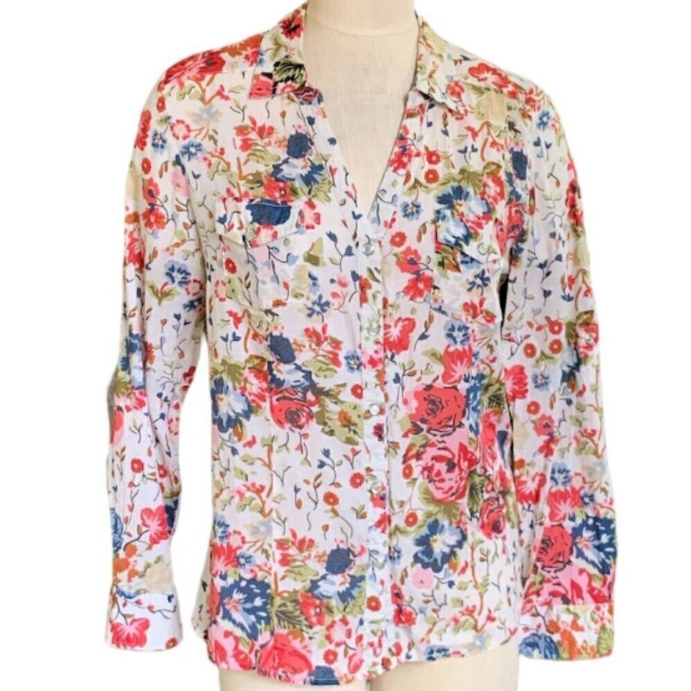 WD.NY White Floral Button-Up Blouse with Pink, Blue and Green Print